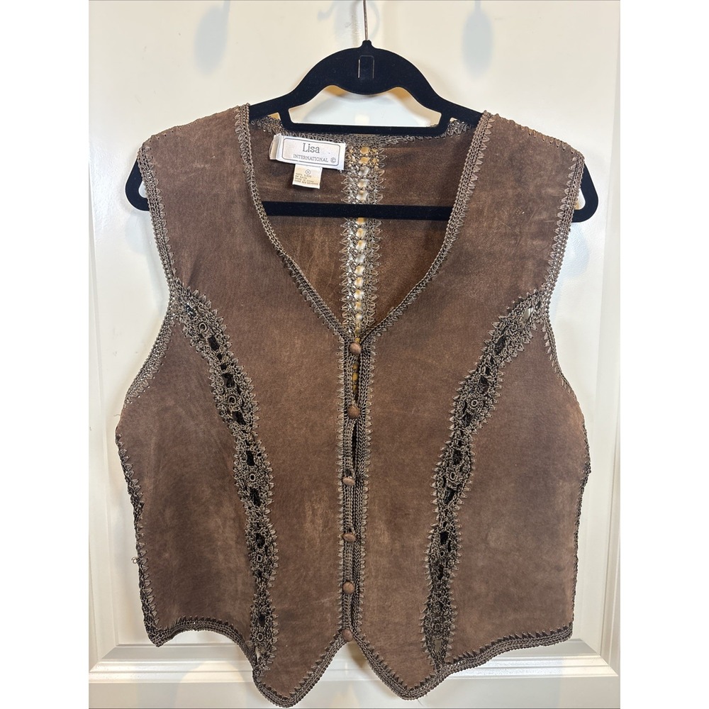 Vtg LISA International Brown Genuine Suede Vest Lace Women Medium Boho Festival